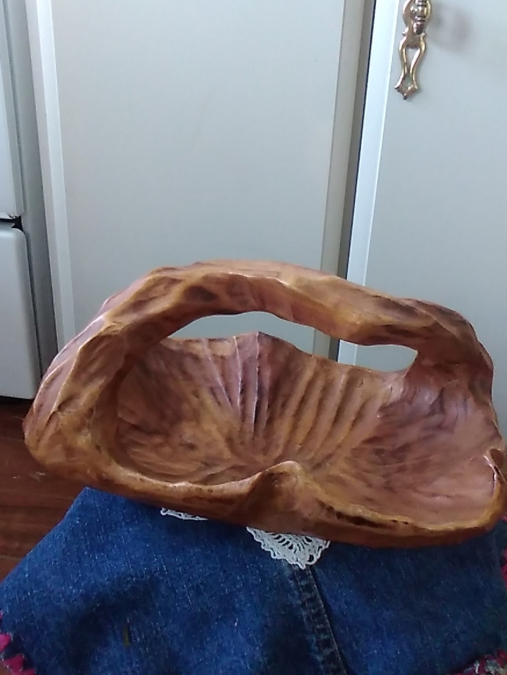 Hand-Carved Wooden Bowl Basket - Brown